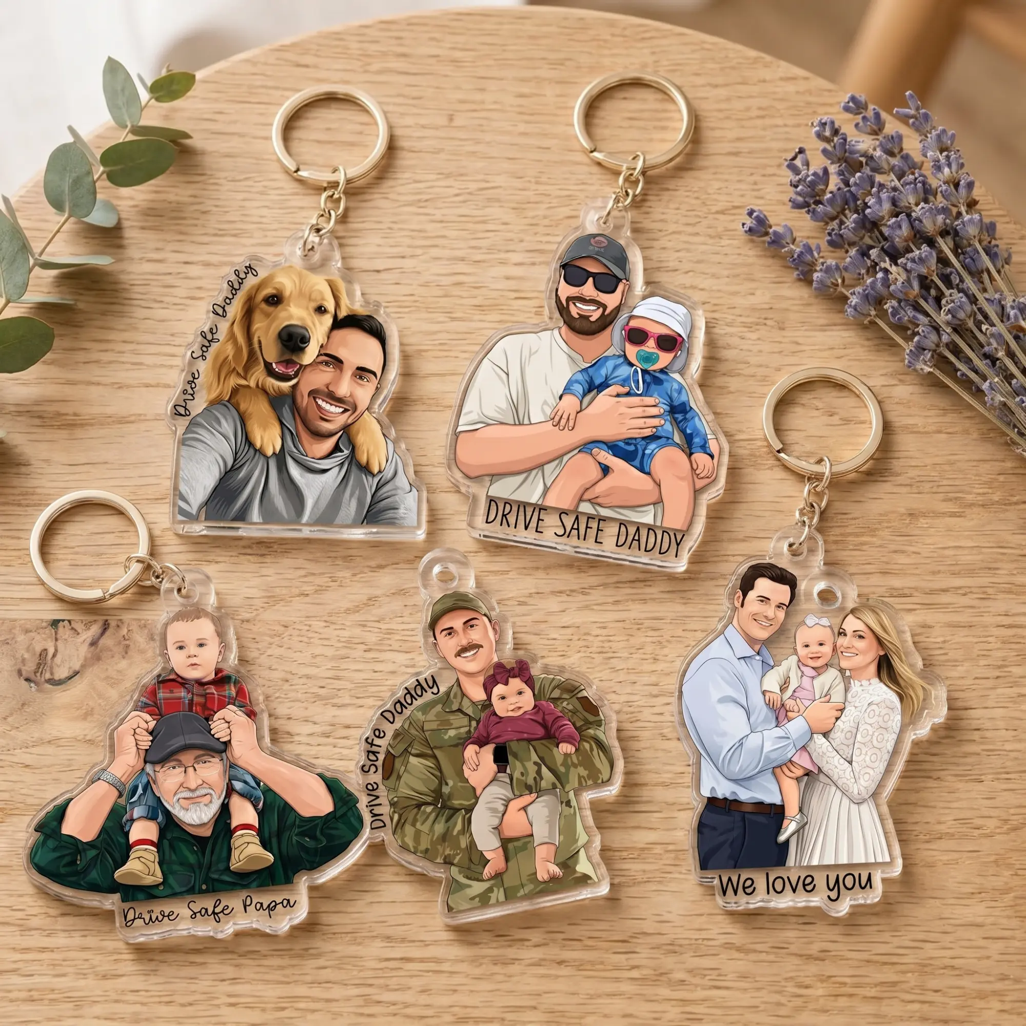 Custom Cartoon Dad And Kids Keychain, Personalized Dad Photo Illustration Keychain, Gift For Dad, Gift For Husband, New Dad Gift From Kids