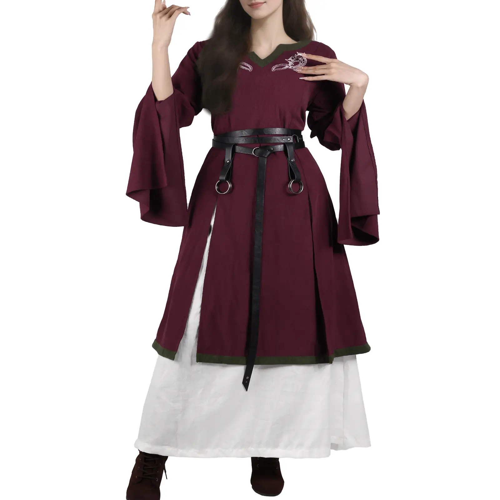 HiiFeuer 4 Pcs Renaissance Costume Women Embroidery Dress, Medieval Belt Skirt Hike Witch Dress Cosplay for Ren Faire