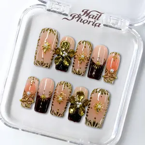 NailPhoria SEPIA DIVINE - Handmade Press-On Nails | Reusable, Salon-Quality, Long-Lasting, Glossy Design