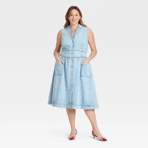 Women's Denim Midi A-Line Dress - Ava & Viv