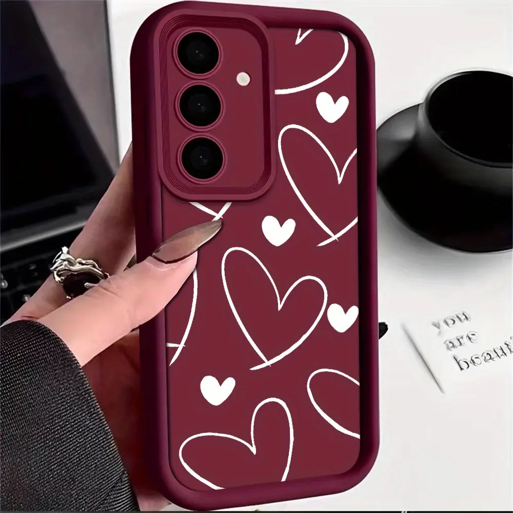 Shockproof Soft TPU Smartphone Casing, 2D White Love Heart Line Print, Full Lens Protector, Yellowing-Resistant Waterproof Case for Samsung Galaxy S26-S21 Ultra FE Note20 A54-A13 (Gift Option, Mobile Phone Accessories)