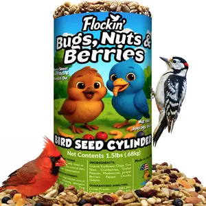 Flockin' Bugs, Nuts & Berries Bird Seed Cylinder with Hole – Wild Bird Food for Woodpeckers, Cardinals, Nuthatches & More – Premium Protein-Rich All Natural Blend, No Fillers – USA Made (1.5lbs, 4" x 7.75")