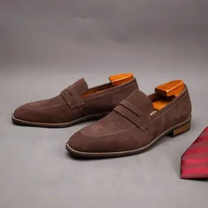 Men's Solid Color Top Layer Cowhide Upper Slip On Penny Loafers with Non-Slip Rubber Sole, Elegant Durable Leather Suede, Comfortable Footwear Sweat Boy Shoe Flat Slipon