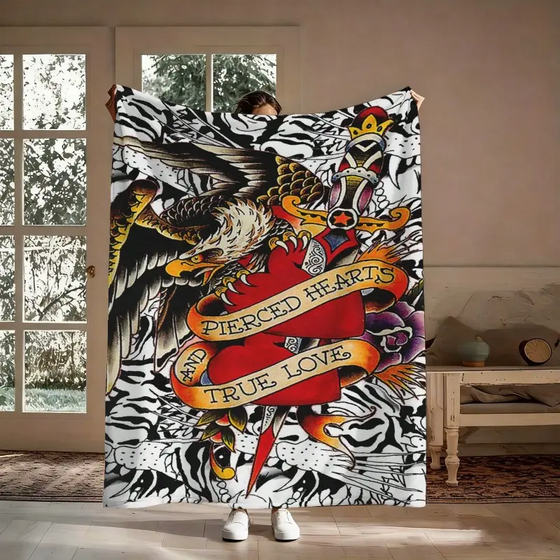 1pc Ed Hardy Fashion Brand Flannel Blanket - Black White Tiger, Red Gold Eagle Heart Crown Tattoo Art Prints - Bold Home Decor, Tattoo Culture Gift for Anniversaries & Alternative Celebrations