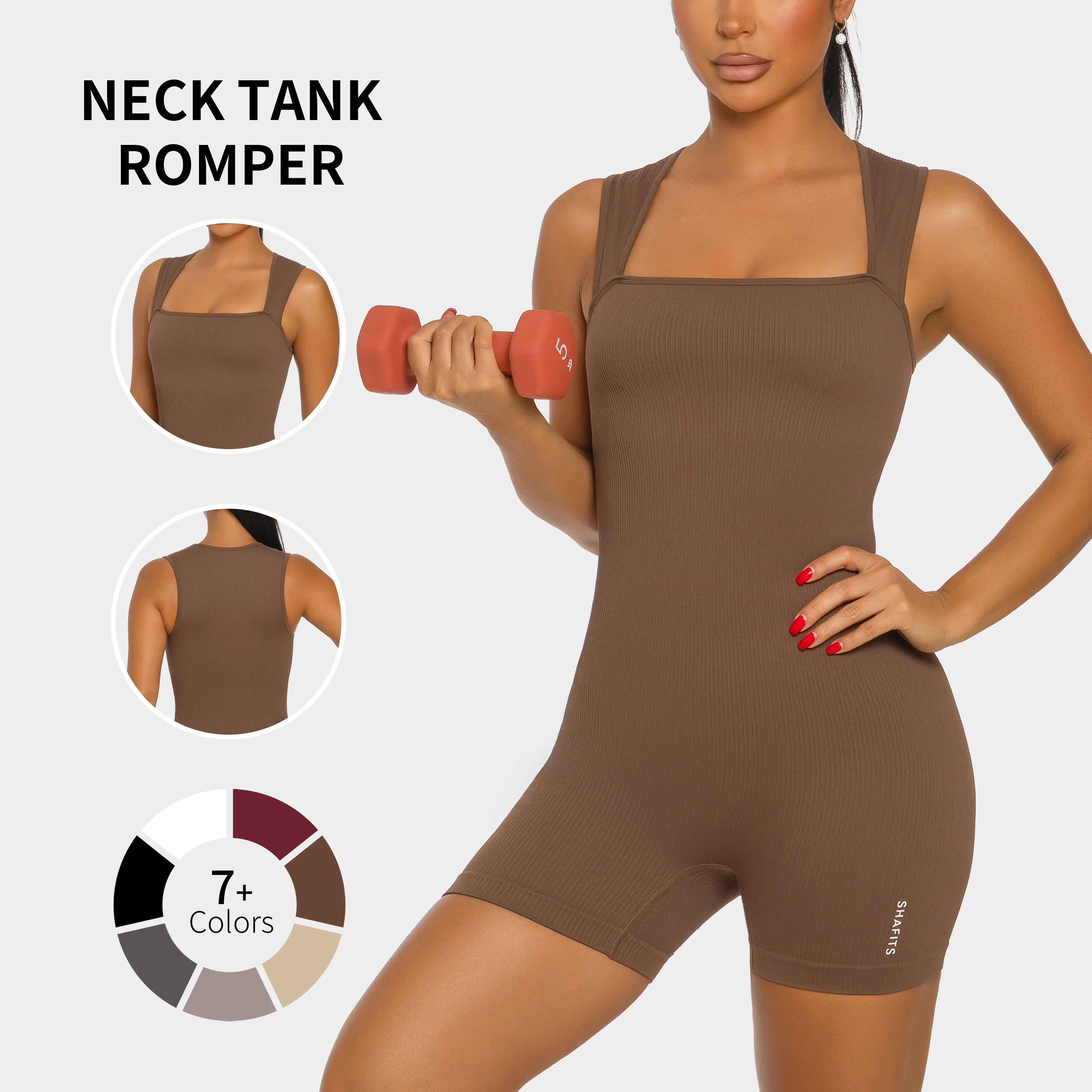 SHAFITS Women's Square Neck Ribbed Tank Romper | One-Piece Workout Jumpsuit | Stretchy Seamless Activewear with Tummy Control | Perfect for Gym, Yoga & Everyday Wear