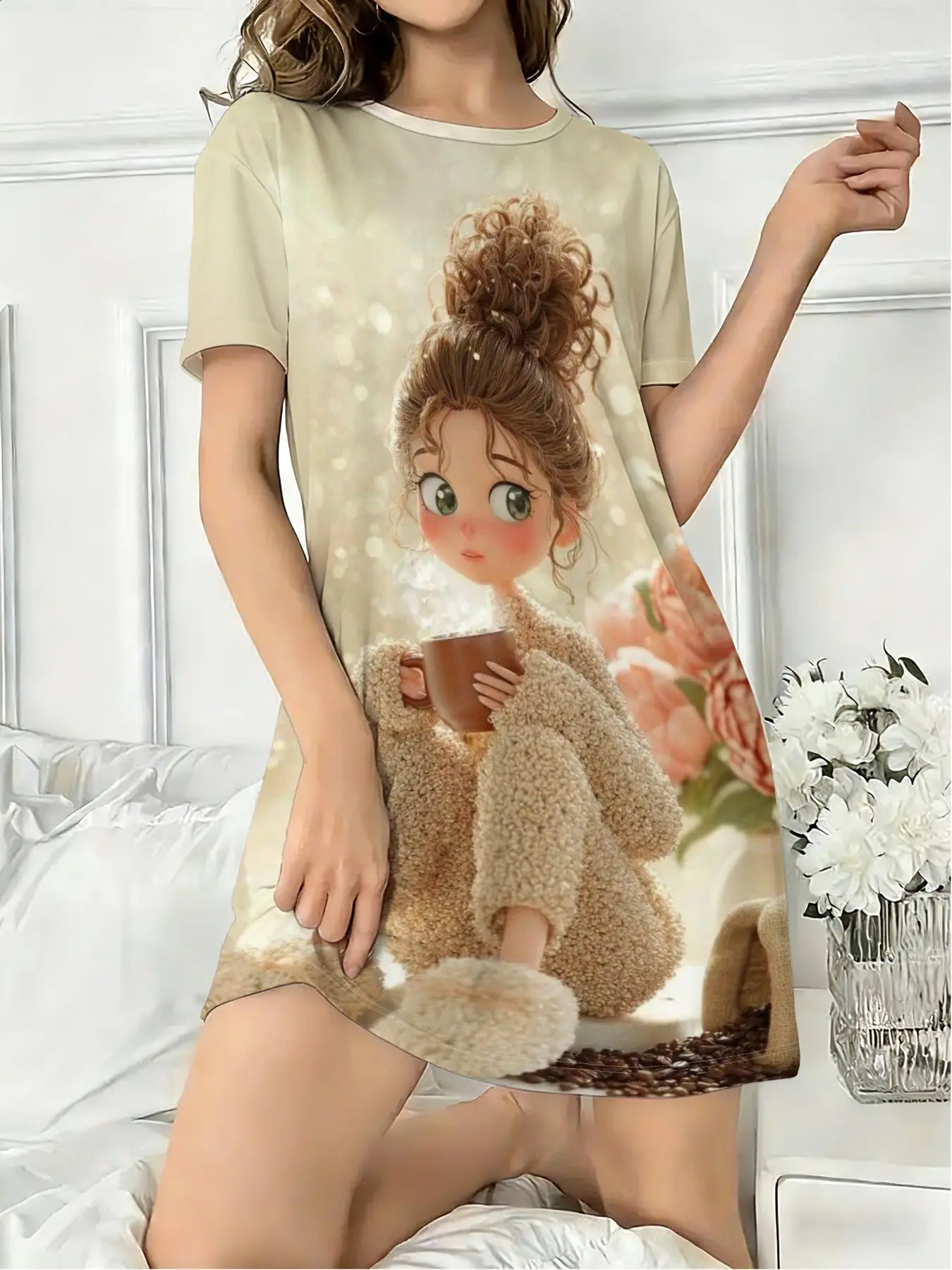 Women's Round Neck Short Sleeve Sleepwear, Nightwear Loungewear, Dreamy Cartoon Cute Girls Front Back Printed Pajamas, Casual Fitted Home Clothes, Loungewear
