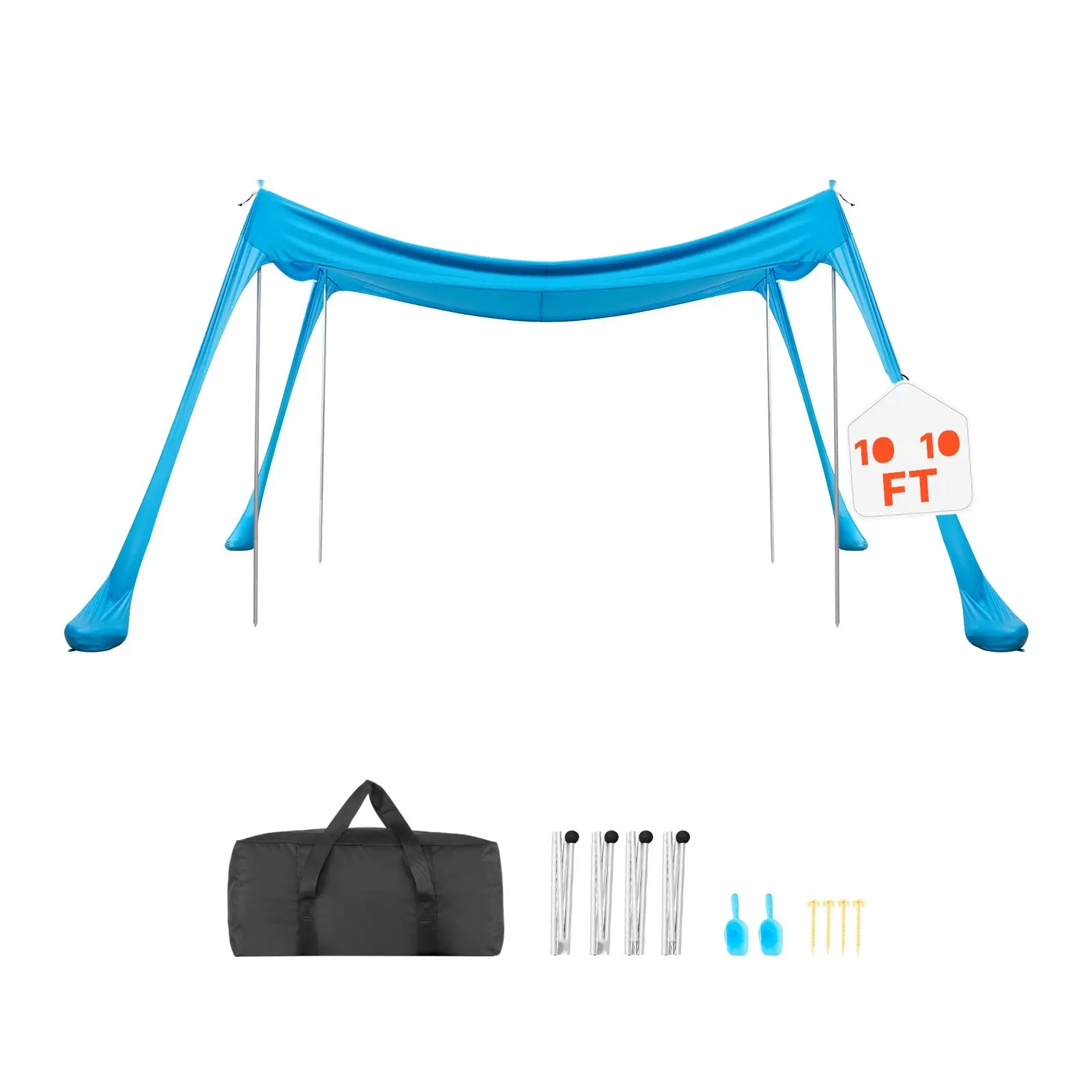 Beach Tent Sun Shelter With UPF50+ Protection, 6.6 Ft Tall, 10x10 Ft Canopy, Easy Pop-Up Setup, Includes 4 Sandbags, Stability Poles, Sand Shovels, Portable Shade for Family Outings, Camping, Fishing
