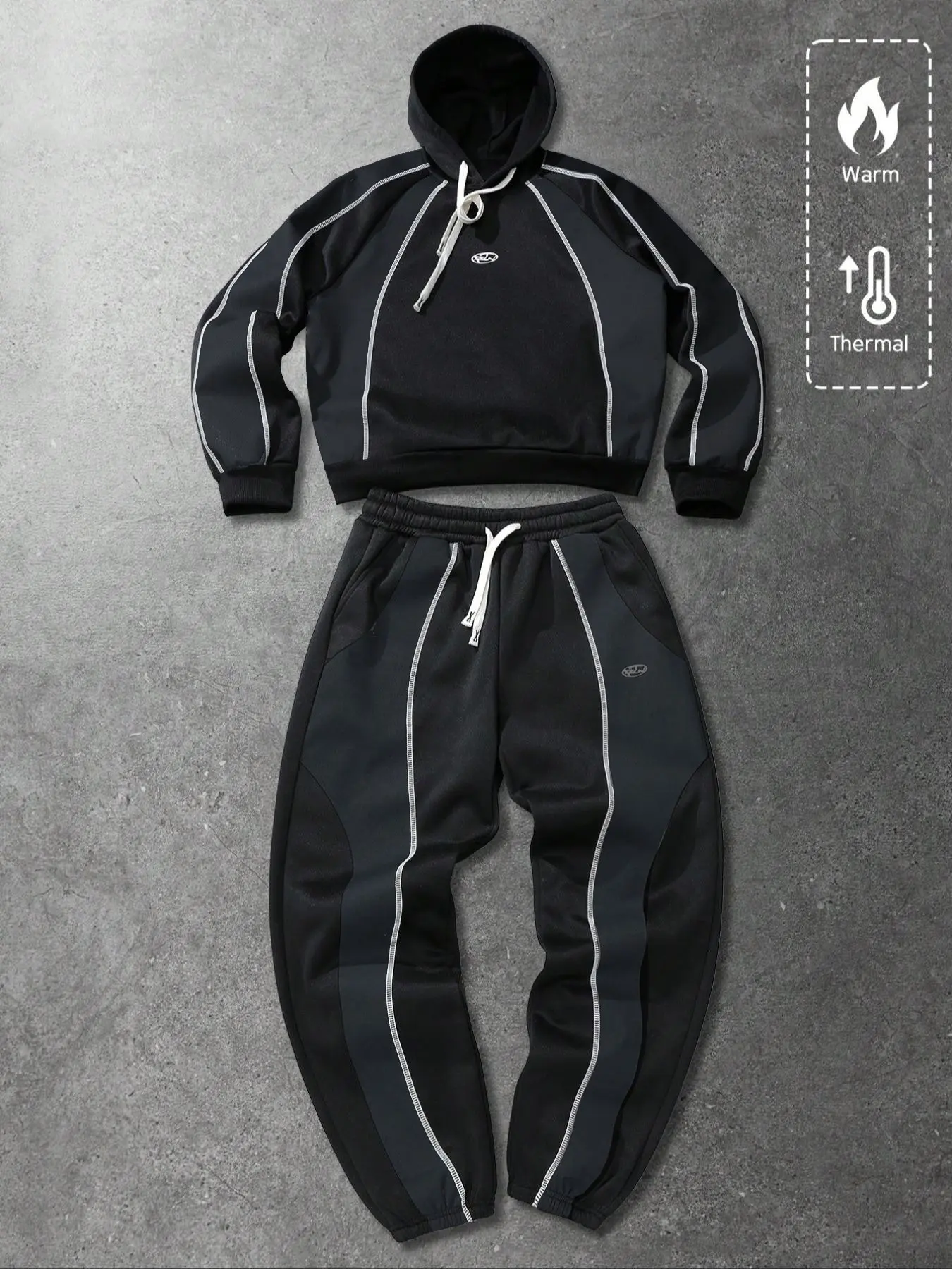 Oversized Color Block 2-Piece Athletic Workout Tracksuit | Black & Gray Patchwork Hoodie + Jogger Pants | Contrast Stitching & Drawstring Design | Gen Z Streetwear Outfit for Winter Casual & Daily Errands Sporty Set Sweatsuit Sets
