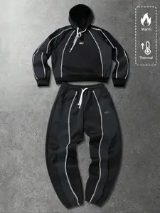 Oversized Color Block 2-Piece Tracksuit | Black & Gray Patchwork Hoodie + Jogger Pants | Contrast Stitching & Drawstring Design | Gen Z Streetwear Outfit for Winter Casual & Daily Errands Sporty Set