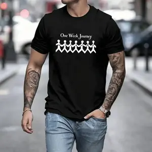 Men’s “One Week Journey” graphic T-shirt featuring a minimalist stick figure print, made from a soft cotton blend—perfect for travelers, adventure enthusiasts, and casual everyday outfits inspired by journeys.