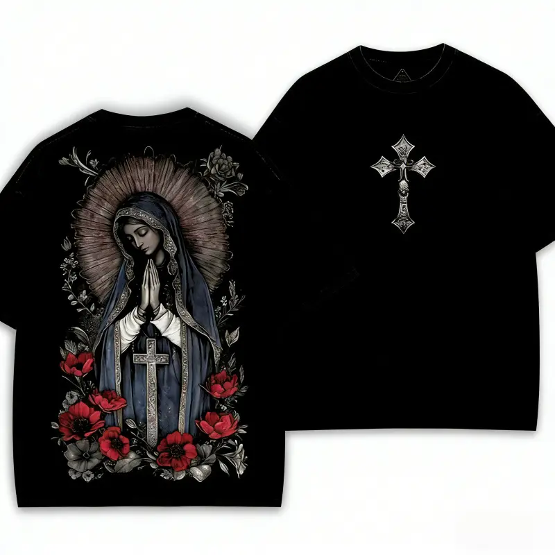 Men's Valentine Virgin Mary Graphic Fitted Short-Sleeve T-Shirt, Black Heavy Cotton Gothic Streetwear Apparel, Casual T-Shirt