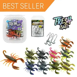 Fresh Baitz Scorpion Sampler Kit includes 18 scorpions (9 different colors) plus 5 Owner Stand up Jigs. Great for smallmouth and largemouth bass fishing any time of the year.