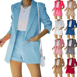 Women's 2 Piece Open Front Long Sleeve Blazer and Solid Short Pants Suit Sets M7G069
