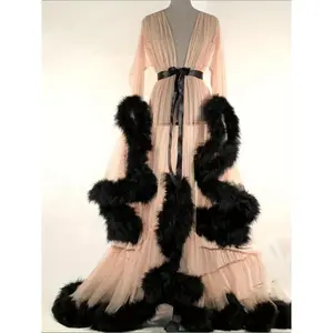 Womens Plush Kimono Robe Extra Long Sheer Nightgown Faux Fur Trim Elegant Sexy Lingerie Comfort Fit Loungewear Fashion.