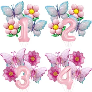Pink Number Balloon Butterfly Balloon Set Butterfly Balloons Foil 32inch 1st-9th Number Birthday Decor for Girl Baby Shower