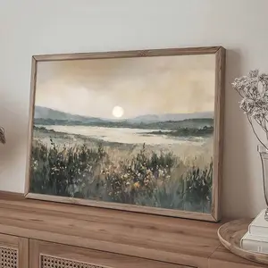 1pc Unframed Vintage Lake Mountain Field Sunset Canvas Poster Horizontal Print Retro Abstract Landscape Rustic Wall Art Painting Cottagecore Farmhouse Decor Picture For College Room,Apartment,Bedroom,Living Room,Minimalist Home Decoration