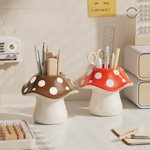 Mushroom Storage Box with Polka-dot Lid and White Base, Cute Desk Accessories, Desktop, Stationery & Table Organizers with Open and Closed Compartments, Suitable for Pens, Pencils, Makeup Brushes Ideal for Home Offices, School Desks