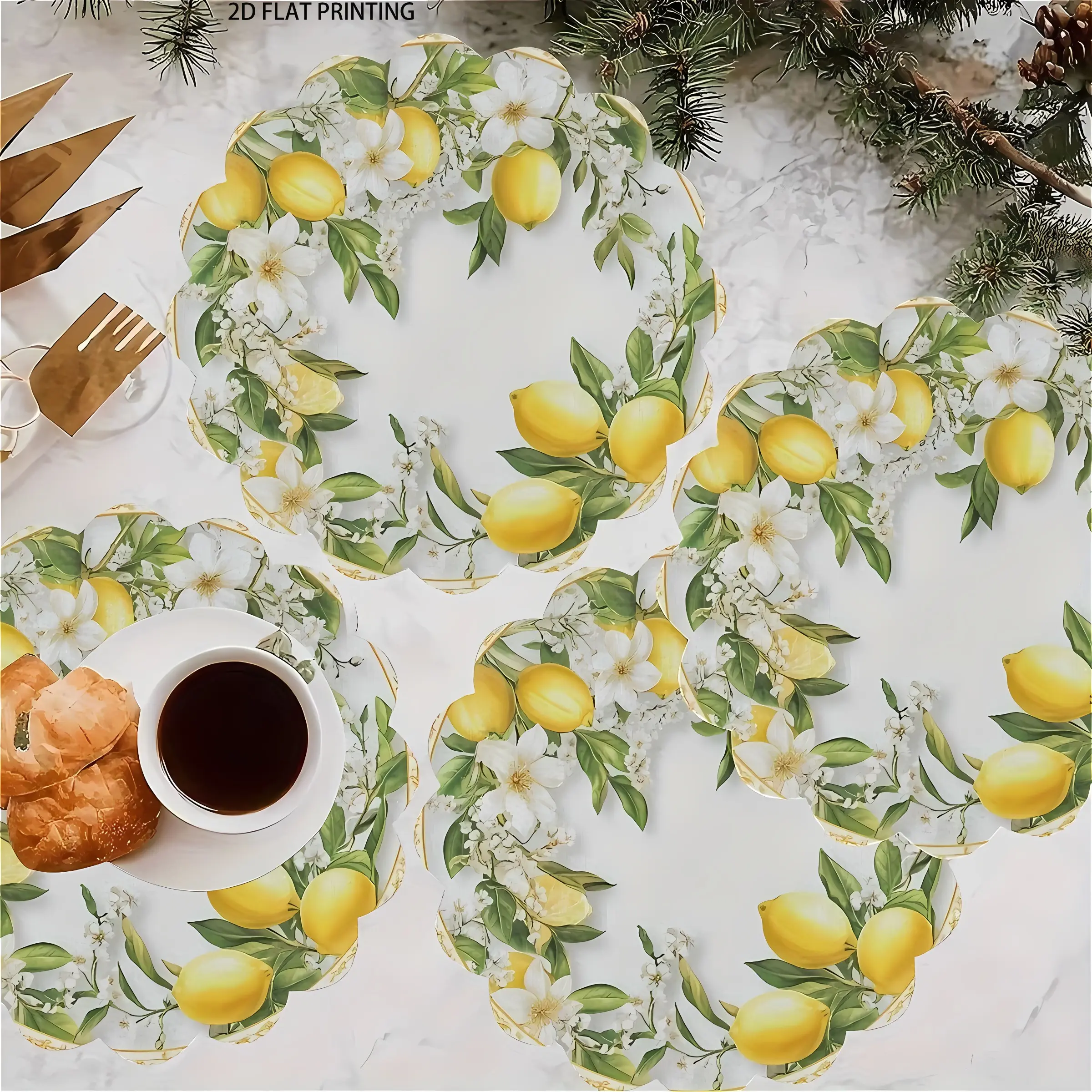 2D flat printing, 2-piece/4-piece set, spring and summer lemon wreath placemat with yellow lemon and floral design, for kitchen, banquet, holiday and daily use, Kitchen Decorative Placemat, Table placemats