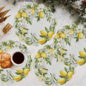 2D flat printing, 2-piece/4-piece set, spring and summer lemon wreath placemat with yellow lemon and floral design, for kitchen and banquet decoration, holiday celebrations and daily use, durable placemat, Kitchen Decorative Placemat