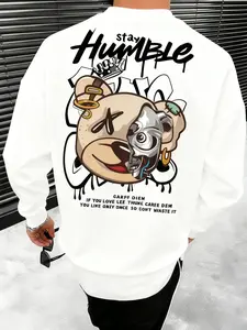 Men's Plus Size Punk Bear Graphic Print Hoodie, Autumn Winter Street Fashion Streetwear Long Sleeve Loose Pullover, Casual Round Neck Sweatshirt, Clothes, Tops