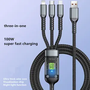 3-In-1 USB Type-C Charging Cable, Multifunctional High Power, 100w Super Fast Charge, Digital Display, Durable Material, Compatible with Most Devices