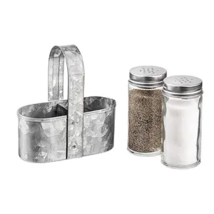 Royalty Art Farmhouse Salt and Pepper Holder with Carry Handle, Rustic Home Decor for Kitchen Counter, Picnic Table, BBQ, and Camping, Silver Galvanized Steel Seasoning