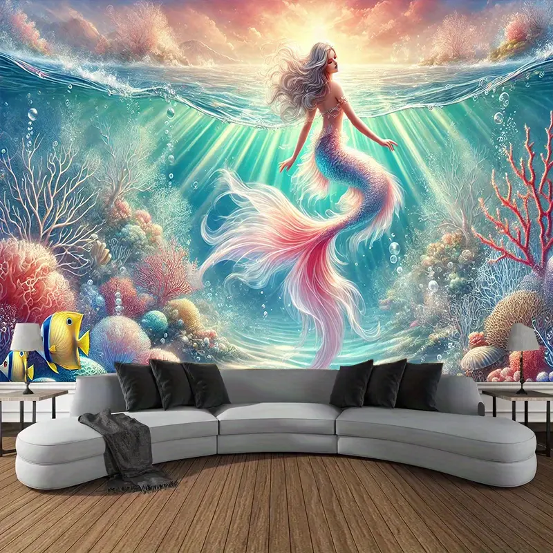 1pc Mermaid Tapestry, Polyester Fiber Wall Hanging, Background Cloth for Living Room, Bedroom, Office Home Decor, Party Decoration, Wedding, Birthday, Anniversary, Graduation, Event Decoration|Vibrant Wall Art|Polyester Tapestry Size