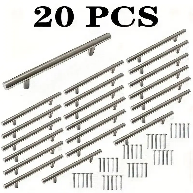 20pcs Silver Color Stainless Steel Cabinet Door Handles, Door Hardware, Brushed Finish, for Kitchen and Wardrobe, Includes Installation Screws, Door Handles Interior