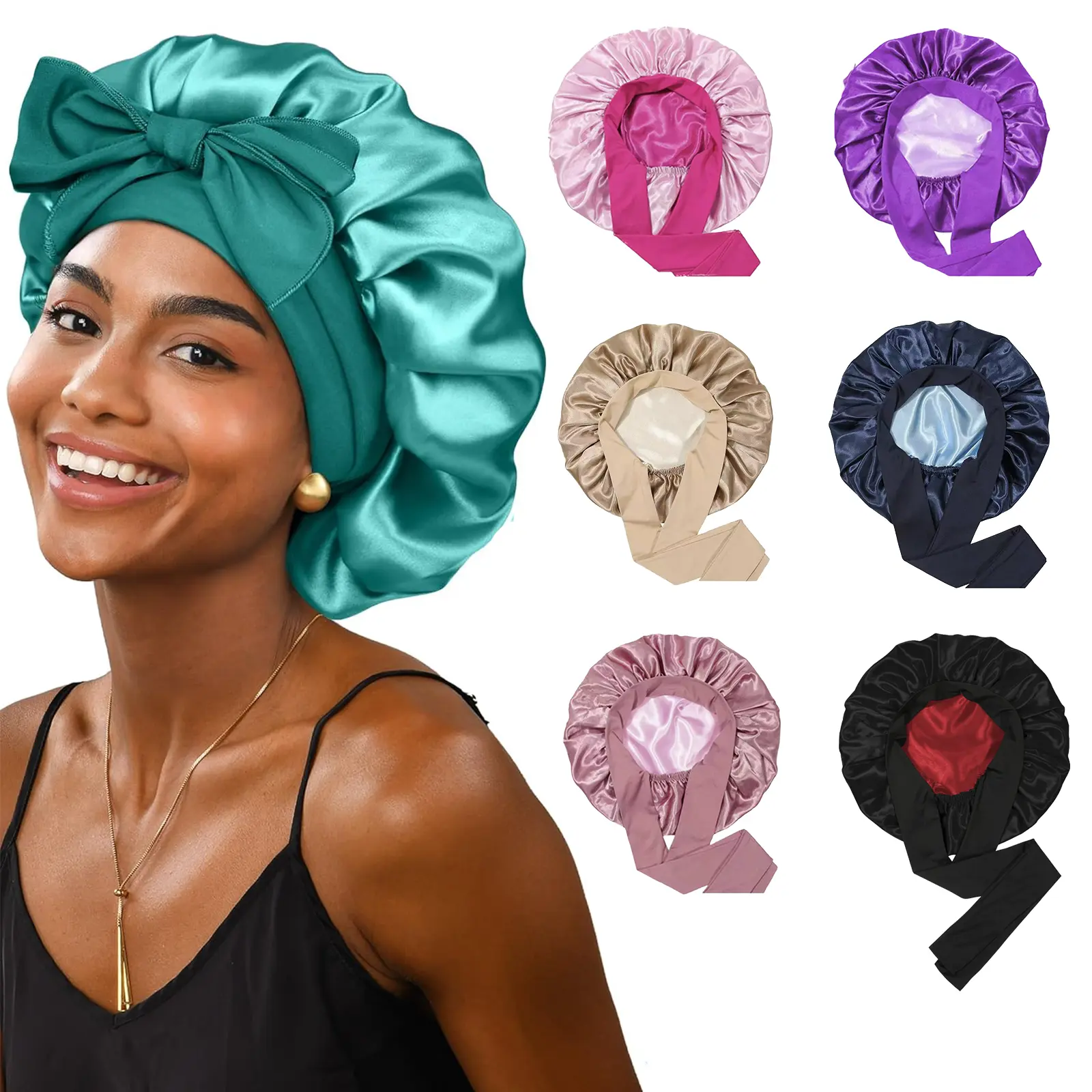 Satin Bonnet, Silk Bonnet for Sleeping, Silk Sleep Cap, Double Layer Hair Bonnet Elastic Tie Band For Women, Curly Hair, Night Cap, Heatless Styling Tool for Women Silky Haircare SummerVibes