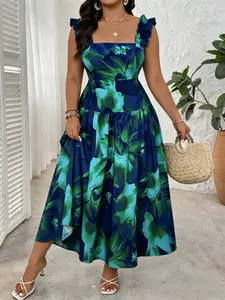 Plus Size French Vintage Oil Painting Print Halter Long Dress, Blush Square Neck Ruffle Waist Tea Break Dress, Elegant Chic A-Line Skirt