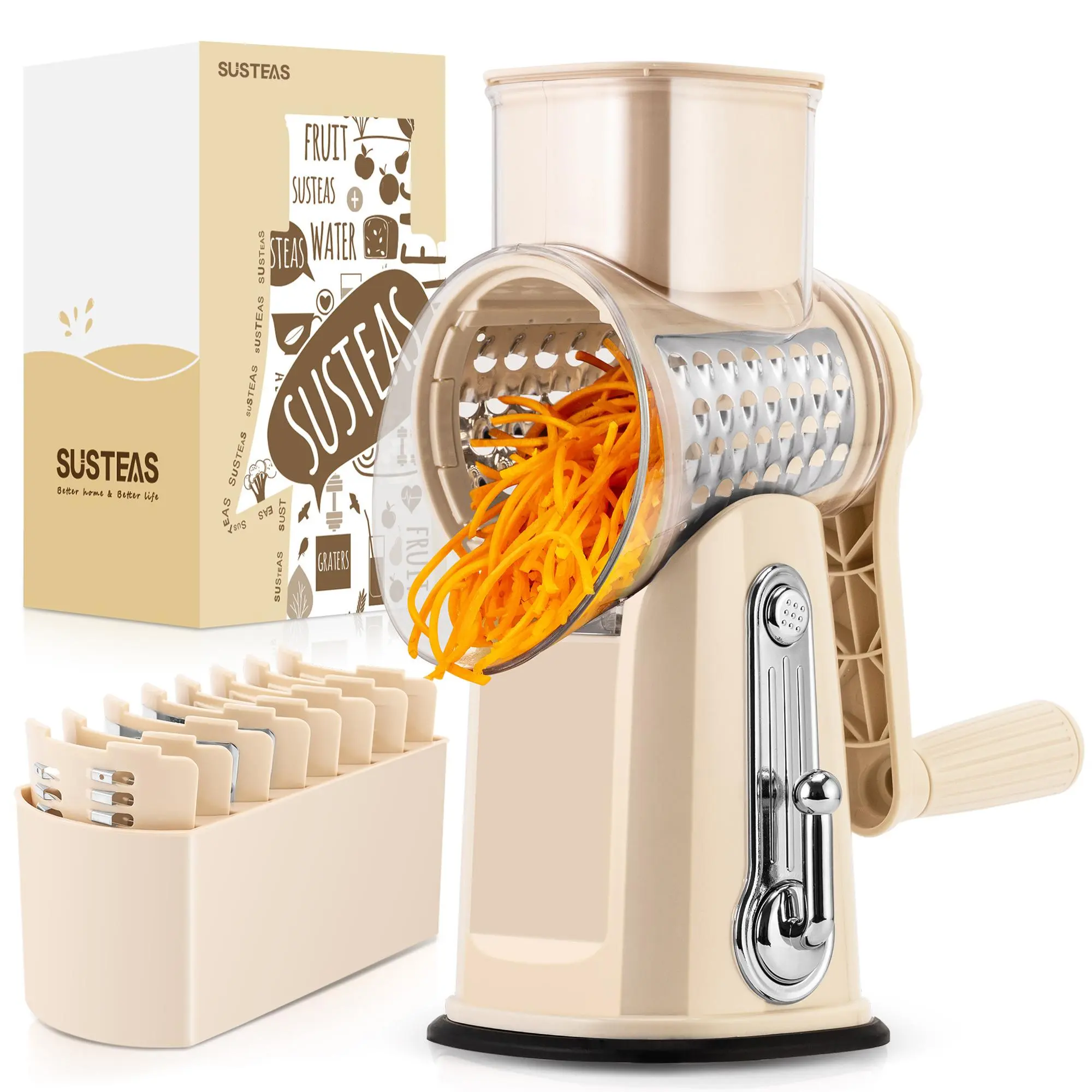 SUSTEAS Rotary Vegetable Grater-Veggie Chopper, 5 Interchangeable Blades, 18/10 Stainless Steel, BPA-Free, Strong Suction Cup Base, Handle, Inclined Curve, Durable Green Kitchen Utensil for Quick Prep, Rotary Grater, Durable Vegetable Slicer