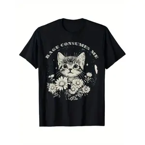 [Funny Cat T-Shirt] Soft Cotton Funny Cat Graphic T-Shirt - 'Rage Consumes Me' Sarcastic Kitten & Flower Design