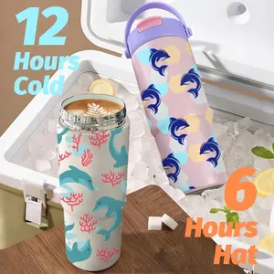 PIKPAKA Dolphin Pattern Vacuum Flasks 700ml Ceramic Lined Tumbler with Tea Infuser & Hidden Straw, Vacuum Insulated Travel Mug, Long Cold Retention Coffee Water Bottle with Handle & Non-Slip Base
