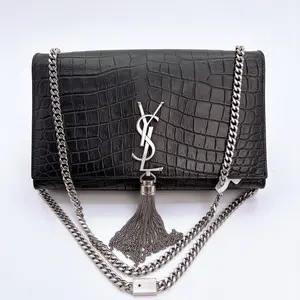Pre-owned Yves Saint Laurent leather Crossbody Bags Black Croc Embossed Monogram Medium Kate Tassel Bag