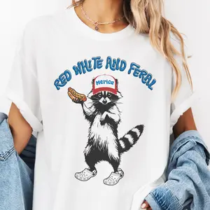 USA Red White Feral Raccoon Graphic Tee Vintage Hot dog Party America Patriotic Racoon Tshirt Trucker Hat Hot Dog Eating Redneck Shirt Unisex Casual Womens Top raccoon July 4th Memorial Day