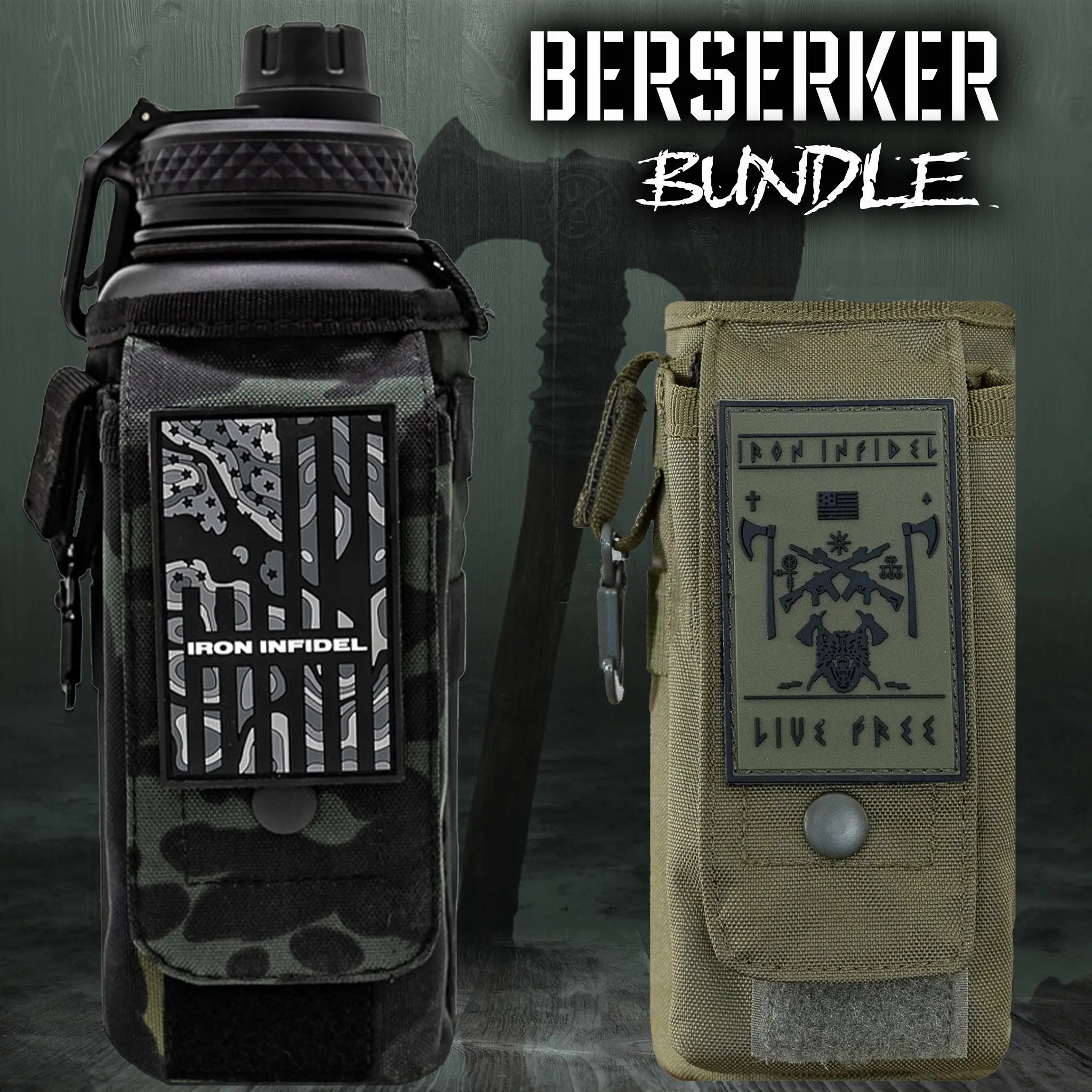 32oz Battle Bottle Bundles - Tactical Water Bottle Bundled with Two Carry Sleeves. For use Outdoors, at Gym, Range, Work, and for Everyday Hydration.
