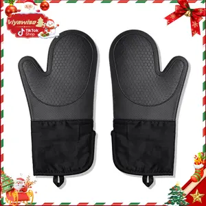 Viyawise Silicone Oven Mitts, Heat Resistant 2-Piece Oven Mitts with Soft Cotton Lining, Waterproof Non-Slip Oven Gloves, Kitchen Heat Insulating Gloves for BBQ, Baking, Cooking