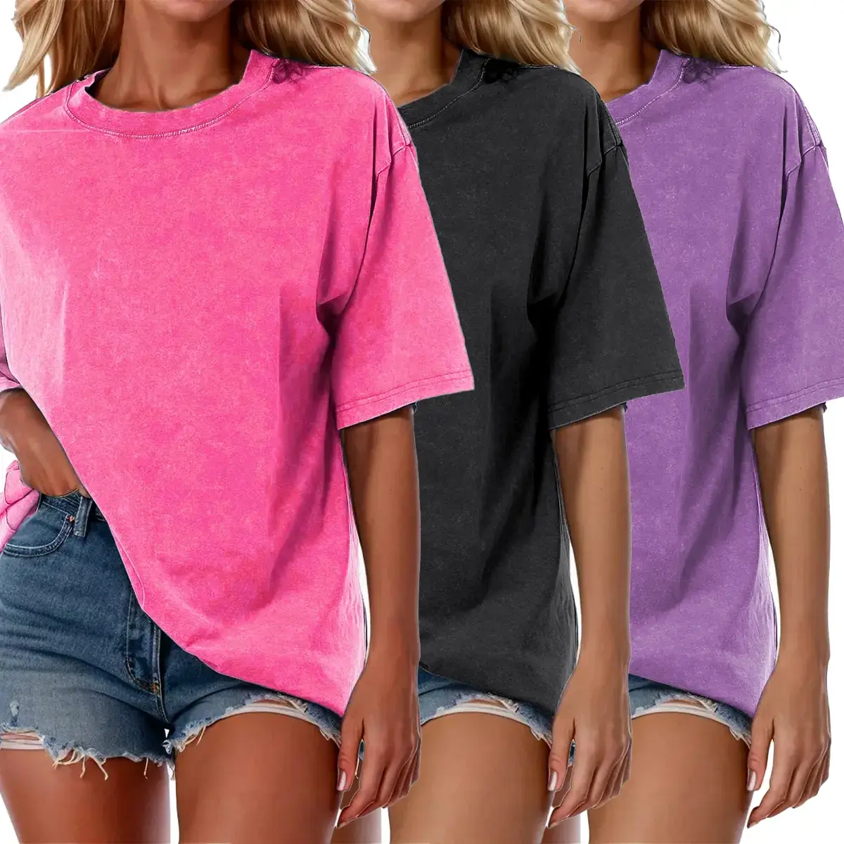 3-pack of acid-washed T-shirts, unisex, loose-fitting short-sleeved casual solid color street style tops, men's T-shirts, loose-fitting retro street style women's T-shirts, loose fit.
