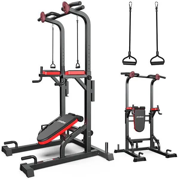 Pooboo Adjustable Multifunctional Workout Station - 480lbs Capacity, Incline Bench, Dip Station, Pull Up Bar, Power Rack Home Fitness Equipment for Family Strength Training, Chin Ups