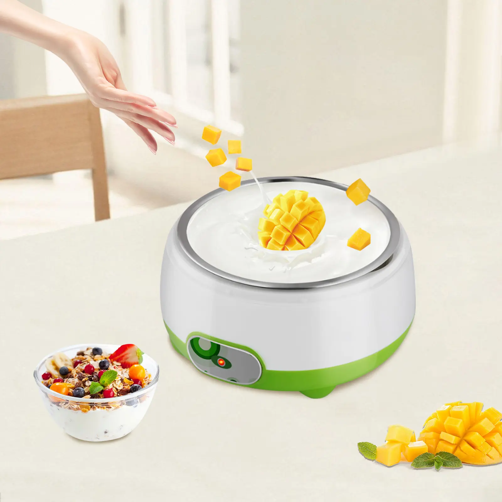 SHANGMAKEL 1L Yogurt Maker - 15W, 0.4kg, 110V US Standard, White-Green Compact Small Kitchen Appliance with Transparent Lid, Easy-to-Clean for Homemade Probiotic Yogurt & Healthy Snack