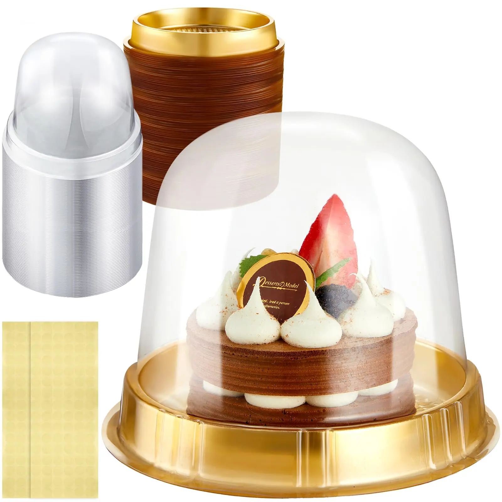 Individual Cupcake Boxes Clear Plastic Cupcake Containers Disposable Single Holder with Lid Tall Cake Carrier 5.3 Inch Diameter 4.3 Inch Height with Stickers for Wedding(Gold,50pcs)