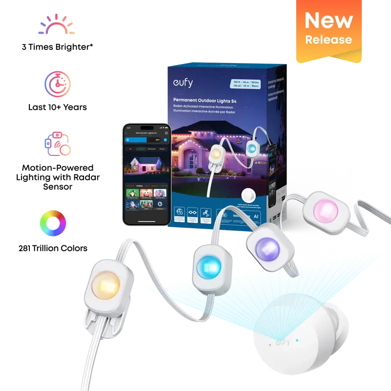 eufy S4 Permanent Outdoor Strip Lights, 100 ft 72-LED Radar-Activated, RGB+WW Color Tune Tech, IP67 Waterproof, AI-Powered Mood Lighting, AI Voice Control, Wi-Fi, Matter Enabled (Matter Protocol), AC Power Supply, eufy Camera Compatible