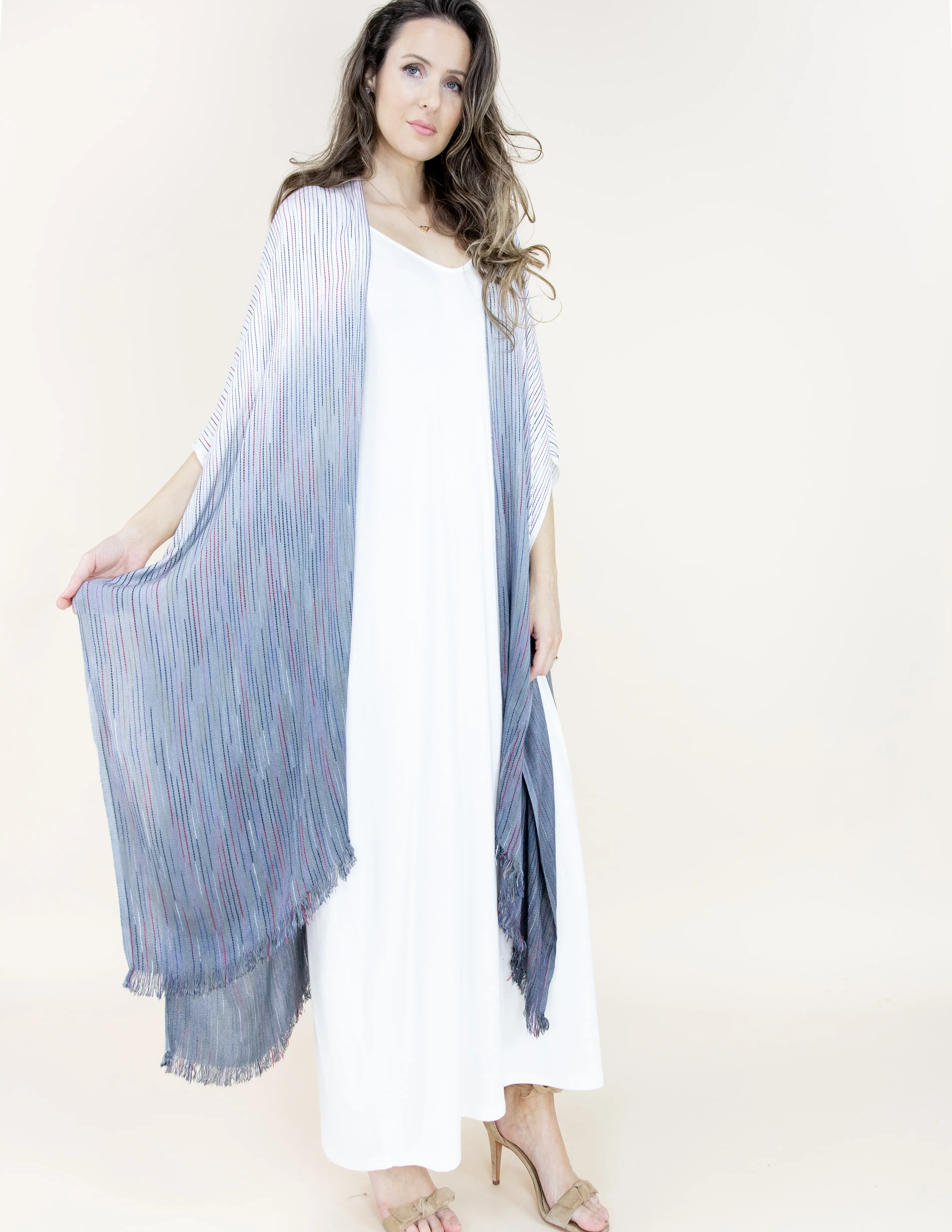 One Size Two Tone Fade Kimono, Boho Fashion Half Sleeve Open Front Outerwear for Summer, Women's Clothes for Daily Wear Womenswear Gamis Uniforms Workwear