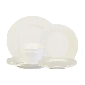 MONAZONE White Ceramic Dinnerware Set - Relief Series, Service for 6, Includes Bowls & 8''/9.6'' Plates, Glossy Finish