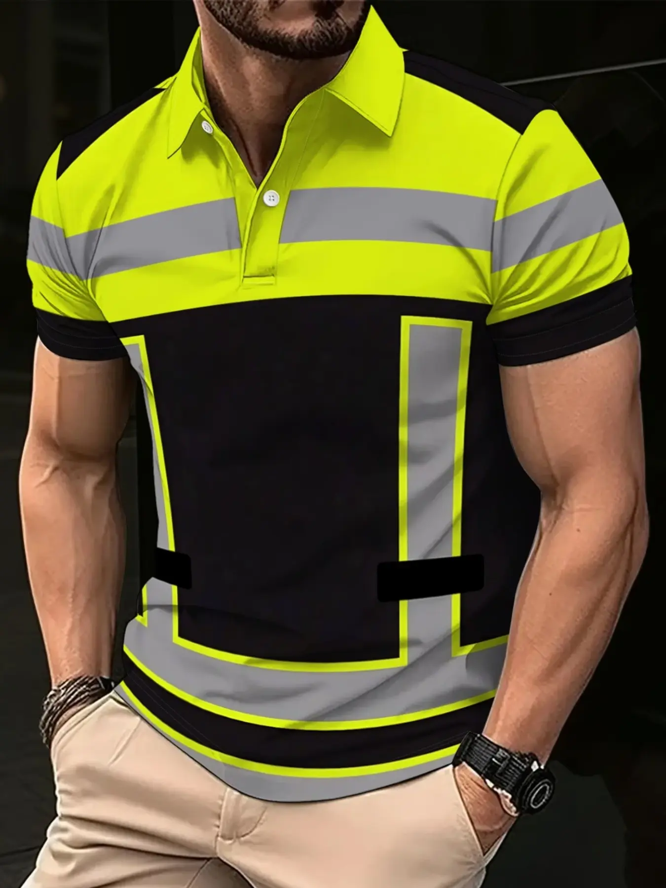 Men's Short Sleeve Polo Shirt, Casual 3D Print Golf Shirt, Striped Pattern, Sporty Style, Summer Fitted Top