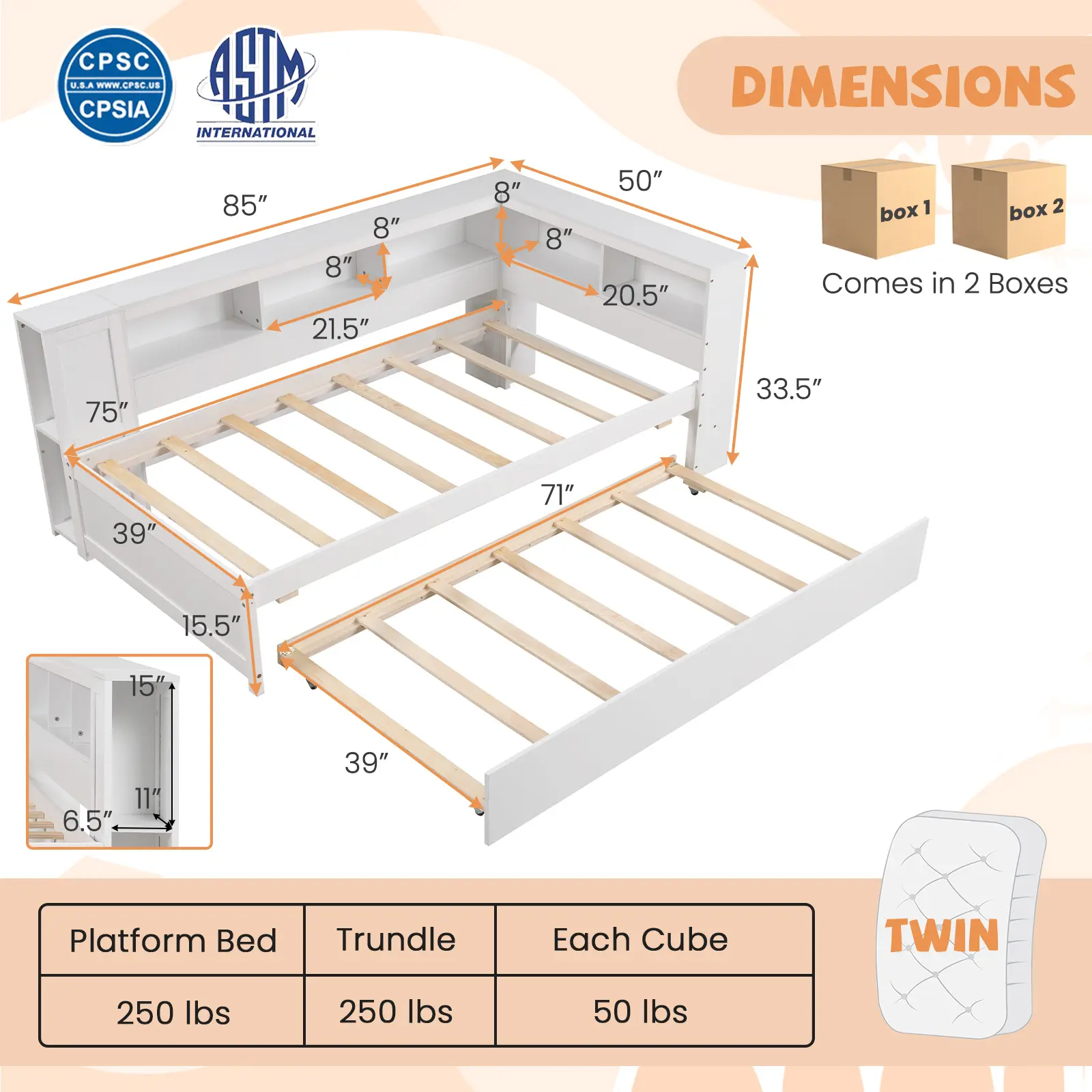 COSTWAY - Twin Size Daybed Platform Bed Frame with Trundle and Bedside Shelves-White