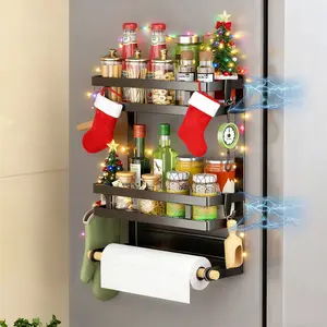 San Dream Strong Magnetic Spice Rack for Refrigerator Black Multipurpose Magnetic Shelf for Fridge with 4 Hooks for kitchen & Bathroom