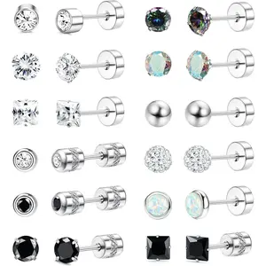 FASACCO 12 Pairs Surgical Steel Stud Earrings for Women Men Hypoallergenic Silver Flat Back Earrings Zirconia Sleeper Helix Tragus Cartilage Earrings Set for Ear Piercing Studs