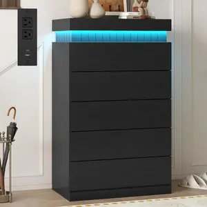 Tall 5 Dresser with LED Lights & Power Outlet, Modern Chest of Drawers with Sliding Top, Floating Dressers with Storagefor Bedroom, Living Room, Hallway, Space-Saving, Black