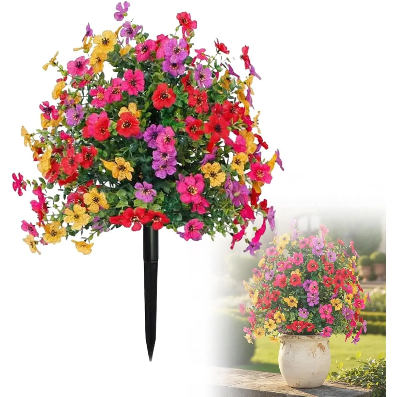 Multi-Color Artificial Flowers with Ground Spikes, Low-Maintenance Decorative Fake Faux Floral Greenery Natural Flowers for Indoor Home Garden, Outdoor Porch Patio Decor, Fake Flowers